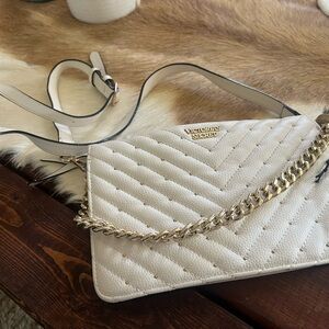 Victoria's Secret White Quilted Crossbody with Gold Chain